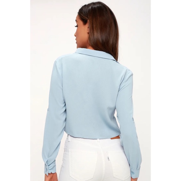Light Blue Long Sleeve ButtonUp Tie-Front Crop Top - Picture 2 of 6